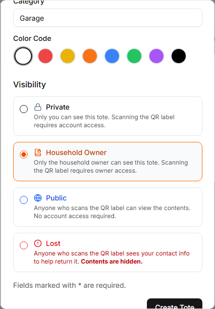 Visibility options showing Household Owner Only setting