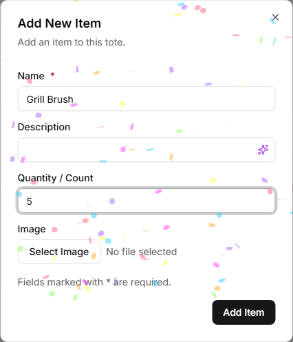 Add Item Dialog showing item quantity count field